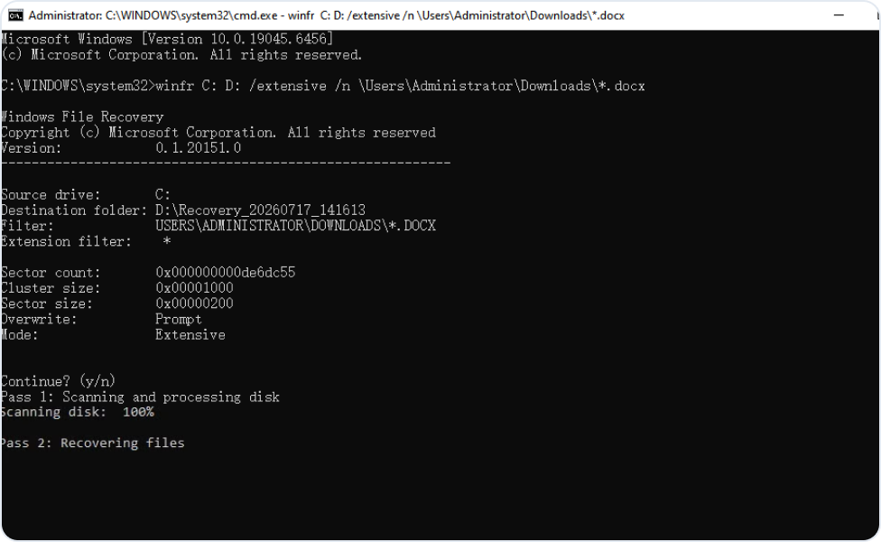 Riga di comando di Windows File Recovery
