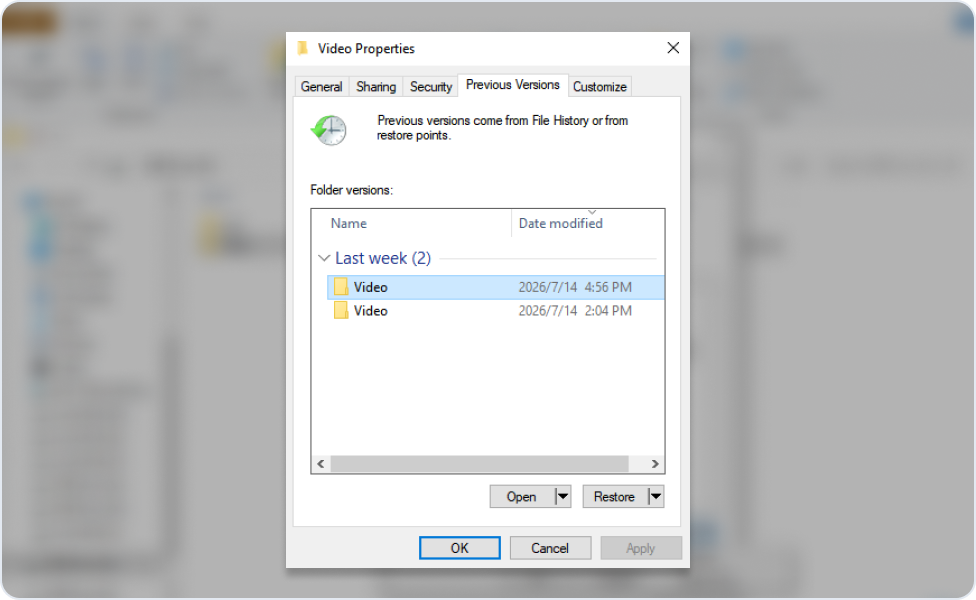 Scheda Versioni precedenti nelle proprietà della cartella di Windows