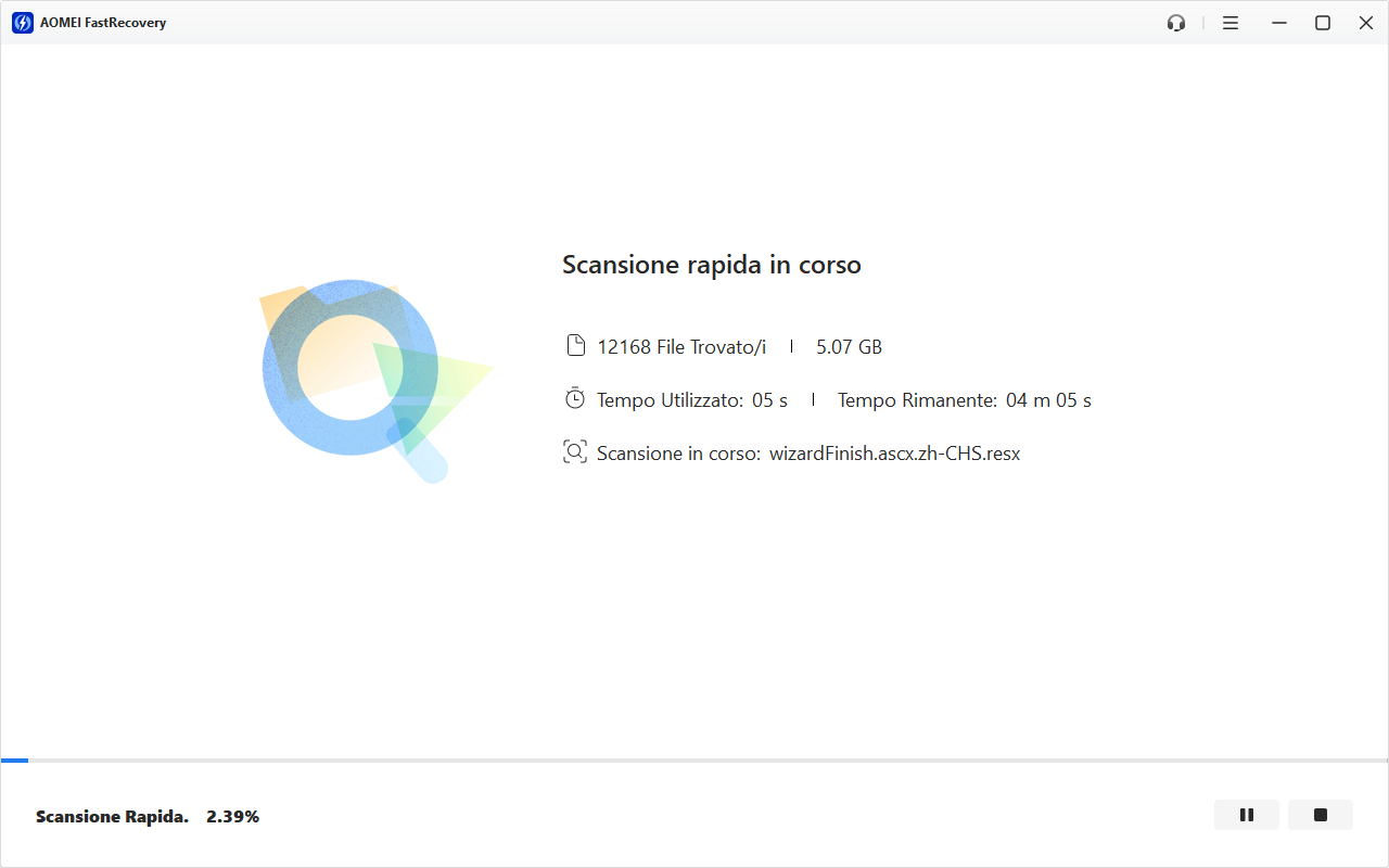 AOMEI FastRecovery avanzamento della scansione
