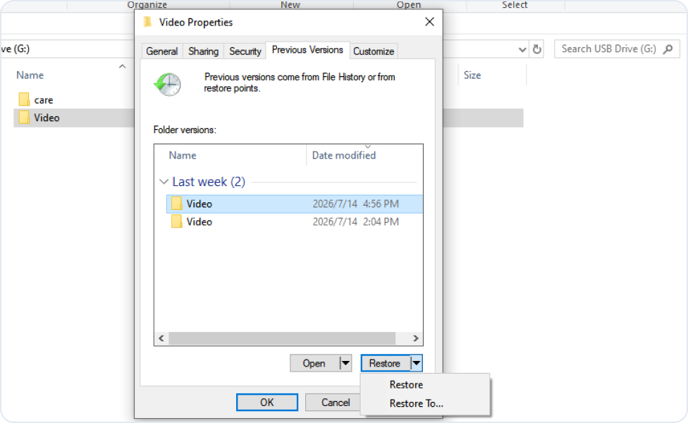 Passaggi di ripristino delle Versioni precedenti di Windows